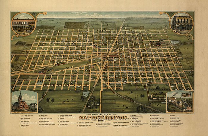 Mattoon Illinois panorama c1884 map 36x24